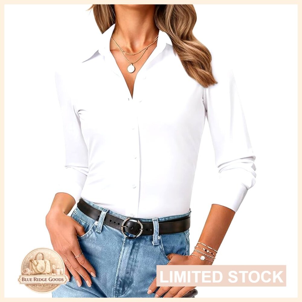 Slim Fit Stretch Button Down Shirt Wrinkle-Free Classic Blouse Office Casual